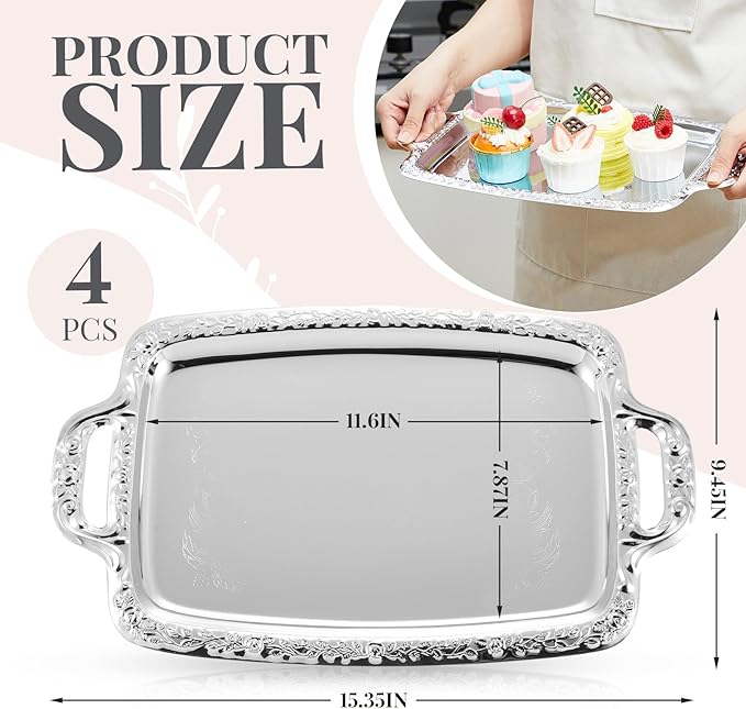4 Pcs Silver Serving Tray Elegant Floral Metal Plate Silver Platter for Buffet Wedding Party Jewelry Decorative (Oblong with Handle)