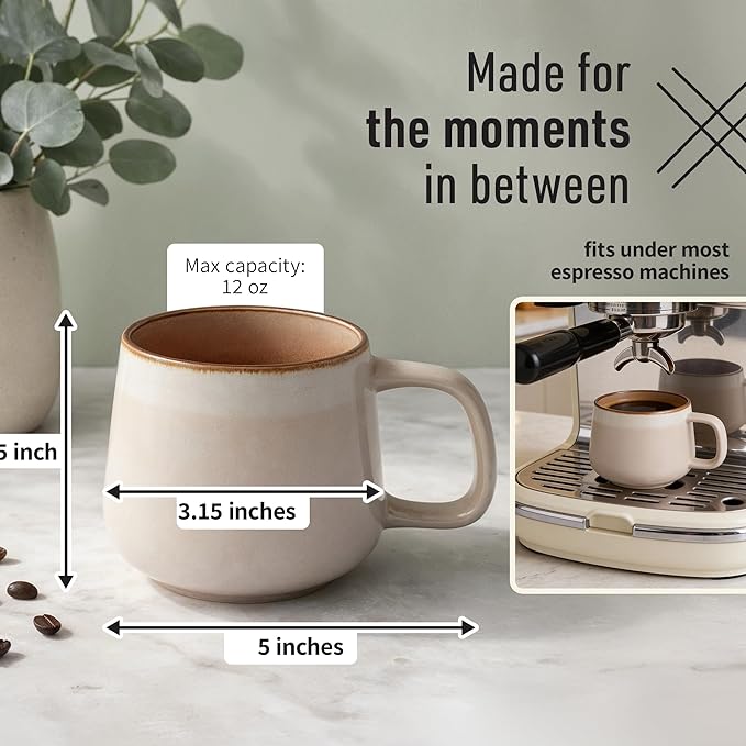 Ceramic Coffee Mugs Set of 4 | 12 oz Stoneware Coffee Cups | Lead-Free, Non-Toxic | Microwave and Dishwasher Safe | Comfortable Handle | Modern Nordic Design for Tea and Latte | Rose Sand