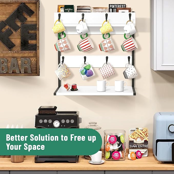 Coffee Mug Rack Holder Wall Mount – 2 Tier Mug Rack Stand with Storage Base for 12 Cups for Kitchen, Dining Room Counter Organizer, Coffee Bar Decor Accessories