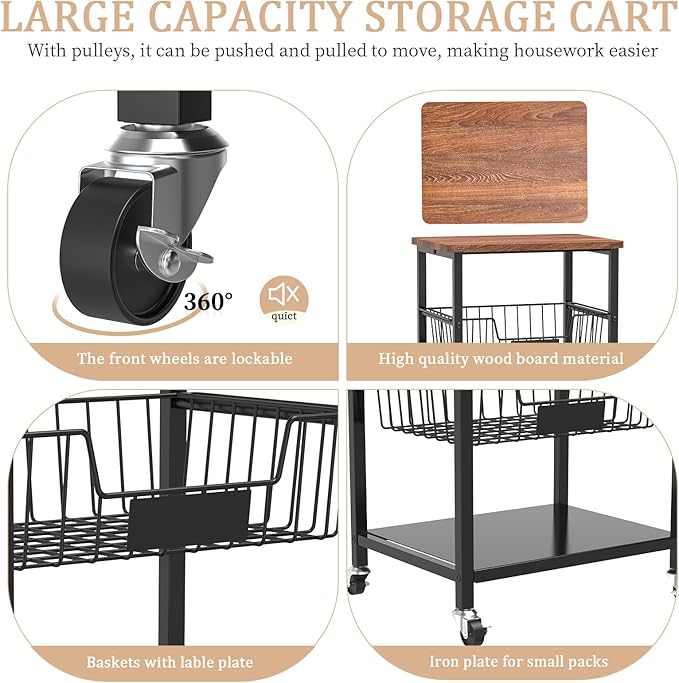 Kitchen Storage Cart, Kitchen Basket, 5-Tier Utility Organizer with Baskets and Wood Top, Rolling Snack Cart with Wheels, Metal Black