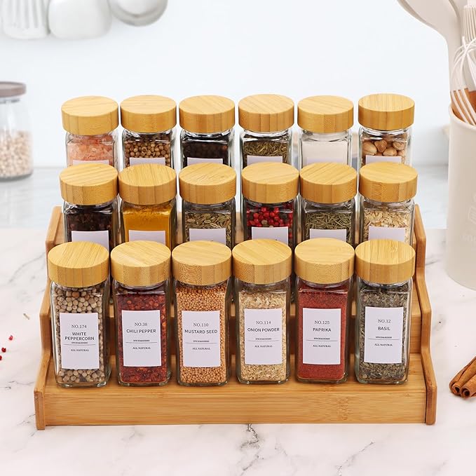 24-Pack Glass Spice Jars with Bamboo Lids, 4 Oz Clear Square Spice Containers with Airtight Seal, Spice Bottles Set with Labels, Shaker Lids and Funnel for Kitchen, Pantry Organization and Storage