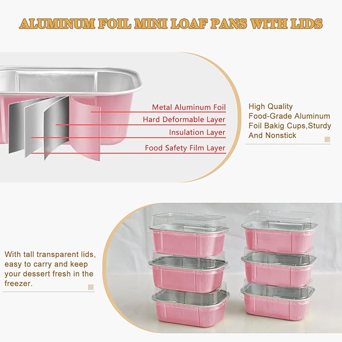 Mini Cake Pans With Lids And Spoons,5.5 oz Rectangle Mini individual Loaf Pans Disposable Aluminum Foil Small Baking Cups Tins (200, Pink)
