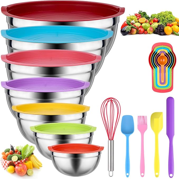 Mixing Bowls with Lids for Kitchen - 25 PCS Stainless Steel Nesting Colorful Mixing Bowls Set for Baking,Mixing,Serving & Prepping,Size 5, 3.7, 2.8, 2.3, 1.7, 1.1, 0.7QT,11 Cooking Utensils