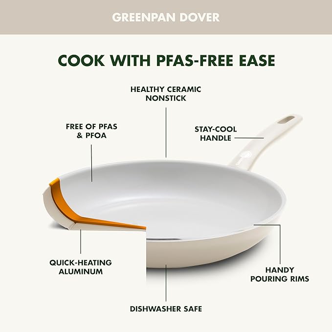 GreenPan Dover 8” Frying Pan Skillet with Spatula, Non-Toxic PFAS-Free Ceramic Nonstick Coating, Sear Saute Fry Egg Omlete, Dishwasher & Oven Safe, Stay Cool Handle, Easy Pour Rims, Cream White