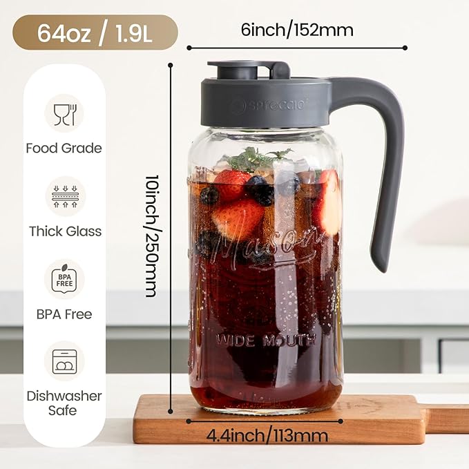 64 oz Mason Jar Pitcher with Lid - Wide Mouth, 2 Quart Glass Water Pitcher with Lid - Heavy Duty, Leak Proof - Sun & Iced Tea, Cold Brew Coffee, Lemonade, Breast Milk Storage