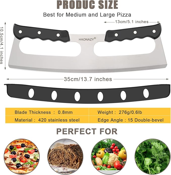 Sharp Pizza Cutter Rocker 14 inch with Double Handles and Protective Cover, Good for Kitchen Dining Room
