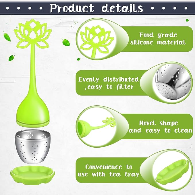 Set of 6 Silicone Tea Infuser Filter Loose Leaf Steeper Flower Tea Strainer Spoon Stainless Steel Loose Leaf Ball Handle Silicone Mesh Cup Filter Strainer(Lotus)