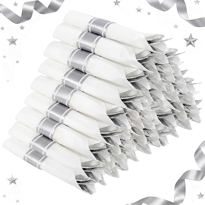 Supernal 240 Silver Plastic Silverware Set - 60 Sets Pre Rolled Napkins with Cutlery - Mirror Polished Real Look Disposable Silver Utensils- Elegant Heavy Duty Flatware for Weddings & Catering