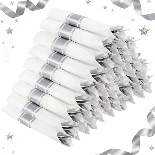 Supernal 240 Silver Plastic Silverware Set - 60 Sets Pre Rolled Napkins with Cutlery - Mirror Polished Real Look Disposable Silver Utensils- Elegant Heavy Duty Flatware for Weddings & Catering