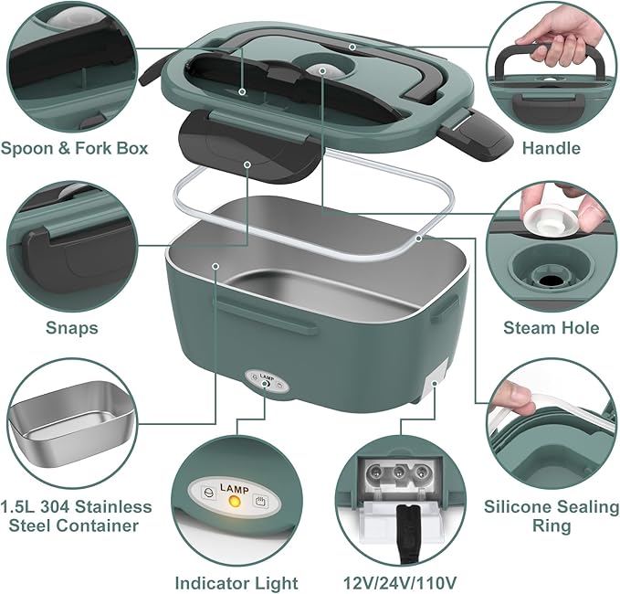 Green Electric Lunch Box Food Heater 80W Heated LunchBox for Adults, 12V 24V 110V 220V Lunch Warmer Portable for Work Car Truck Jobsite Work with 304 Stainless Steel Container Christmas Gift