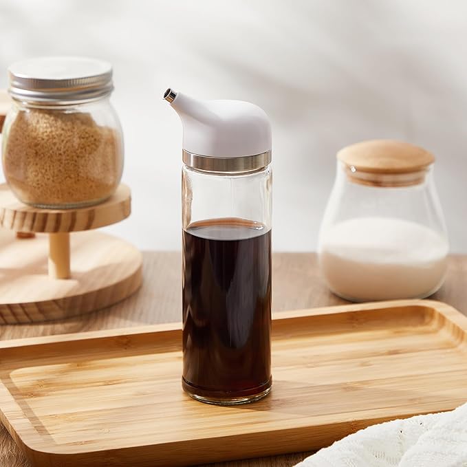 1 Pcs Cruet Dispenser Set 8 oz, White Glass Soy Sauce Dispenser, Small Olive Oil and Vinegar Bottles, Soy Sauce Bottle, Non Drip Spout Cruet Bottle for Kitchen Cooking