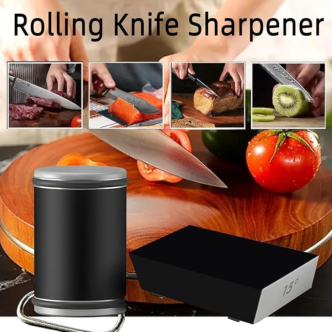 Kitchen Diamond Knife Sharpener, Rotary Blade Sharpener for Kitchen Knives, Chef Knives and Pocket Knives, Magnetic Holder with 15 & 20 Deg Angles, Kitchenware, Black