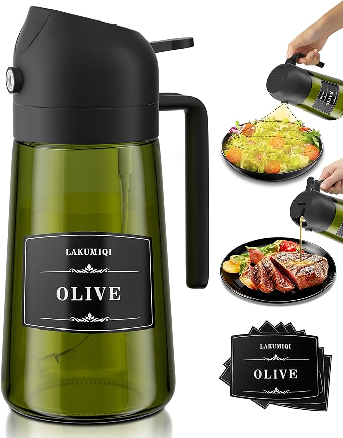 2 in 1 Oil Sprayer for Cooking, 16oz Olive Oil Dispenser Bottle for Kitchen, Food Grade Light-Blocking Leak Proof Glass Spray Bottle for Salad, Air Fryer, BBQ