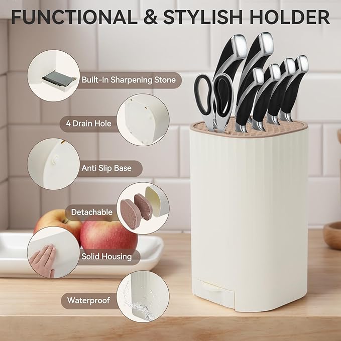 Knife Block Without Knives with Sharpening Stone Large Volume with Scissors Slot Knife Holder Qoosea Easy Cleaning Detachable Knife Storage Space Saver for Kitchen White