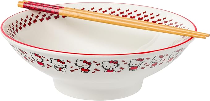 Silver Buffalo Hello Kitty Red Stripes and Bows Ceramic Ramen Noodle Rice Bowl with Chopsticks, Microwave Safe, 30 Ounces