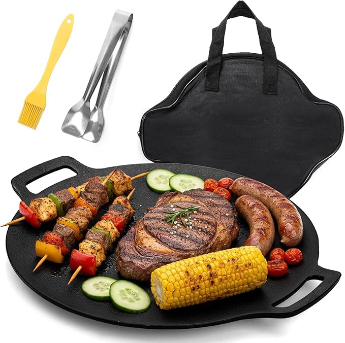 Korean BBQ Grill, Nonstick Round Griddle Pan with Bag, 12 Inch 6 Layer Coating BBQ Griddle, Heavy-Duty Cast Iron Griddles for Stove Top, Outdoor Camping, Tawa Roti Pan