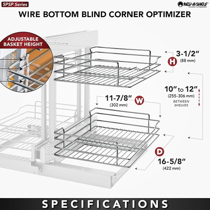 Rev-A-Shelf Chrome Two-Tier Wire Bottom Optimizer for 15" Blind Corner Cabinet Openings, Storage Organizer with 4 Shelves, 5PSP-15-CR