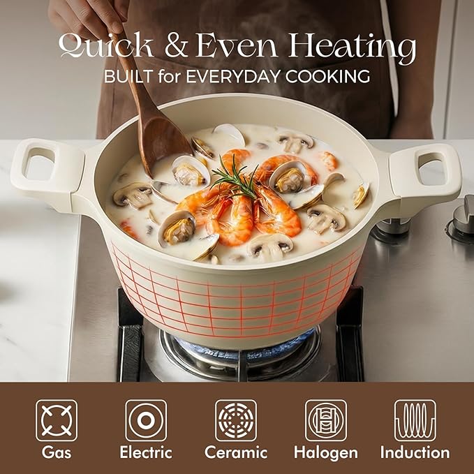 PRICUSIS Ceramic Nonstick Stock Pot with Silicone Rim Glass Lid, 4.5/7QT Soup Pot Casserole, Cooking Pot, Induction Compatible, Dishwasher Safe, Ideal for Pasta & Stews, PTFE PFOA Free, Coconut White