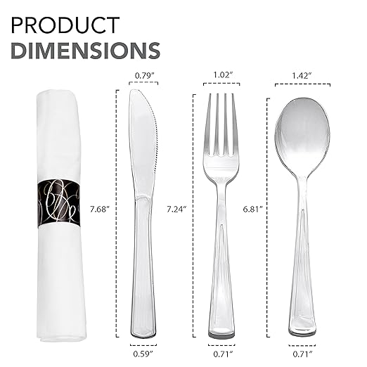 Party Essentials Pre-Rolled Disposable Extra Heavy Duty Plastic Cutlery Kit with Silver Fork/Knife/Spoon and 3-Ply White Napkin (Case of 100 Rolls), (N501725-4)