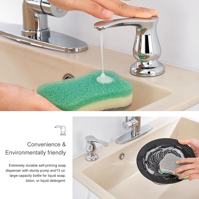 GAGALIFE Kitchen Sink Soap Dispenser Chrome, Built in Soap Dispenser with 13 OZ Bottle, Refill from The Top, Liquid Dispenser for Kitchen Sink