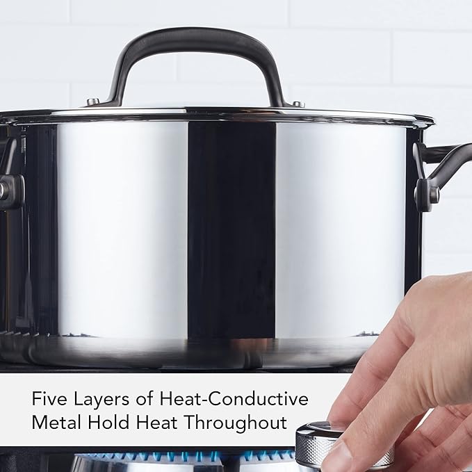 KitchenAid 5-Ply Clad Polished Stainless Steel Stock Pot/Stockpot with Lid, 6 Quart - Stainless Steel