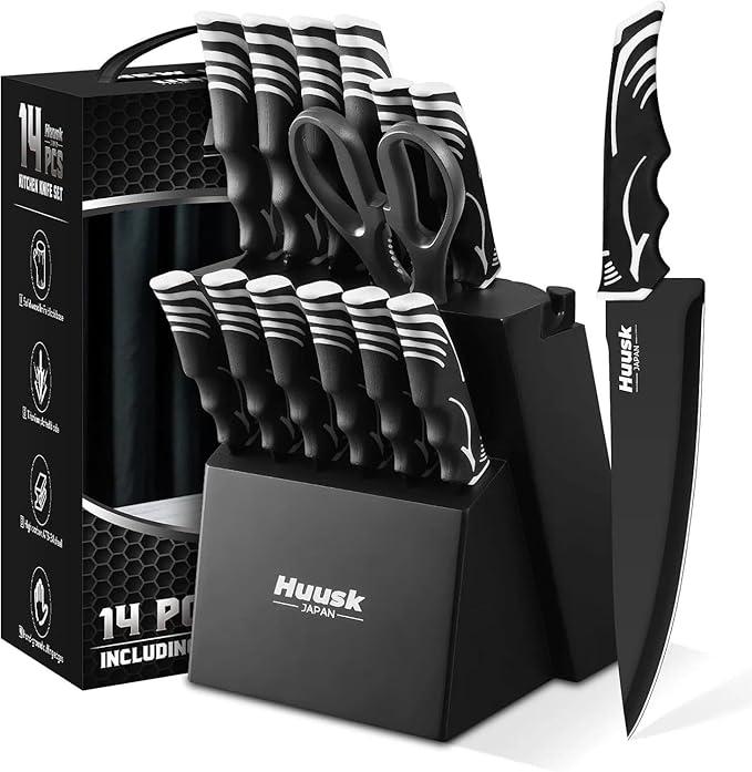 Huusk Knife Block Set with Sharpener - Black Kitchen Knives Set with Wooden Knife Block - Ideal Housewarming Gifts for New Home - Chef Knife Set with Kitchen Shears - Christmas Gift for Men and Women