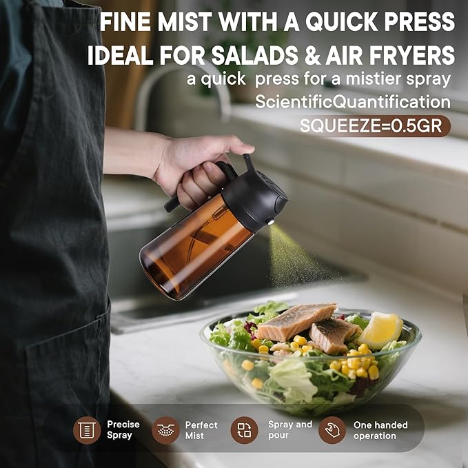 2 in 1 Oil Sprayer for Cooking, 16oz Olive Oil Dispenser Bottle for Kitchen, Food Grade Light-Blocking Leak Proof Glass Spray Bottle for Salad, Air Fryer, BBQ
