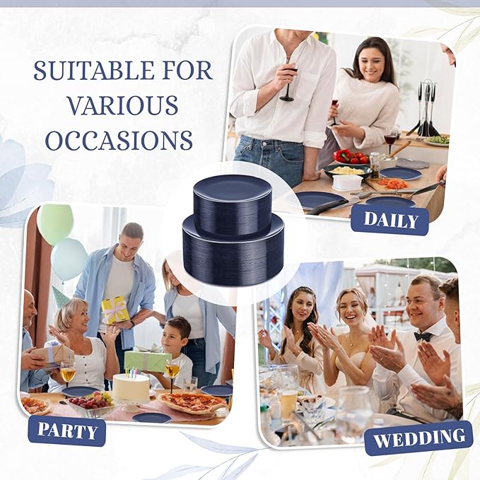 KIRE 175Pcs Blue Plastic Plates with Silver Rim & Disposable Silverware with Blue Handle & Silver-rim Cups & Hand Napkin & Plastic Dinnerware for Parties/Wedding/Passover