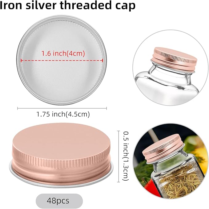 48 Pcs iron Jar Lids Lids for 4 oz and 6 oz Square Spice Jars Reusable Can Airtight Spice Storage Canning Lids for Nice Sealing Kitchen (Rose gold)