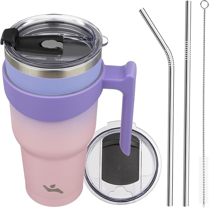 40 oz Tumbler with Handle and 2 Straw 2 Lid, Insulated Water Bottle Stainless Steel Vacuum Cup Reusable Travel Mug,Pastel Sunset