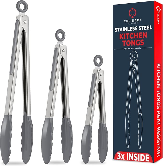 Kitchen Tongs with Silicone Tips Set of 3 Heat Resistant Tongs for Serving Food, 7-Inch, 9-Inch, 12-Inch Locking Silicone Tongs for Cooking, Salad Tong, Grey Kitchen Utensils