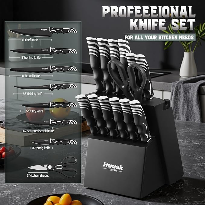 Huusk Knife Block Set with Sharpener - Black Kitchen Knives Set with Wooden Knife Block - Ideal Housewarming Gifts for New Home - Chef Knife Set with Kitchen Shears - Christmas Gift for Men and Women