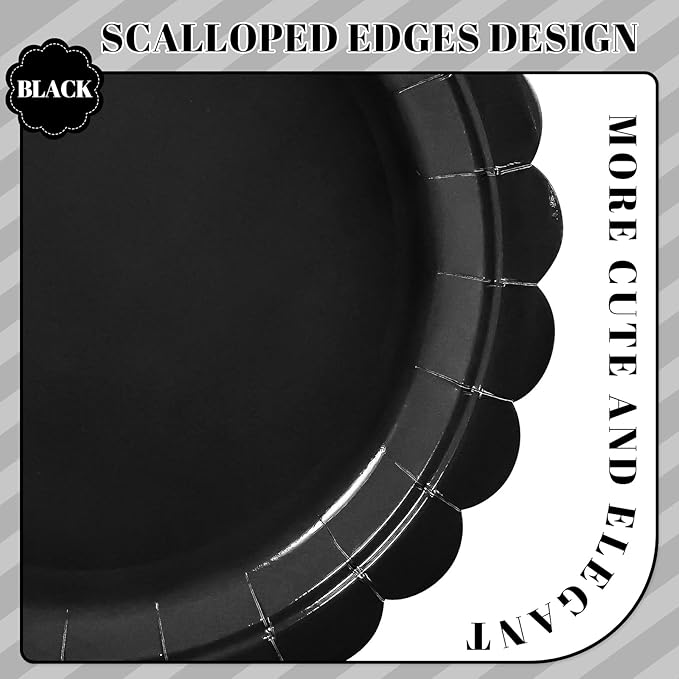 30 Pcs Black Paper Plates, 9 Inch Scalloped Disposable Black Plates Cute Dessert Dinner Plate for Wedding, Birthday, Picnic