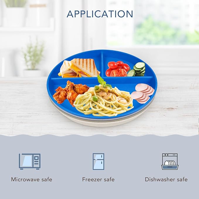 greenandlife 9 Inch 4PCS Unbreakable Portion Control Plates, Divided Plates for Kids Adults, Dishwasher & Microwave Safe Compartment Plate, Lightweight Reusable Wheat Straw Plate, BPA Free