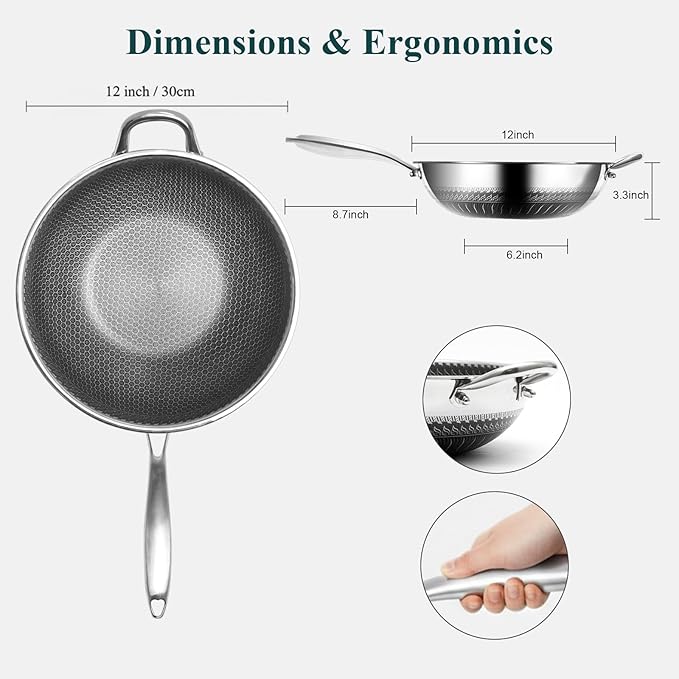 12 Inch Stainless Steel Honeycomb Wok with Standing Lid, Flat Bottom Stir Fry Pan, PFOA-Free Physical Nonstick, Induction Compatible & Dishwasher Safe Wok