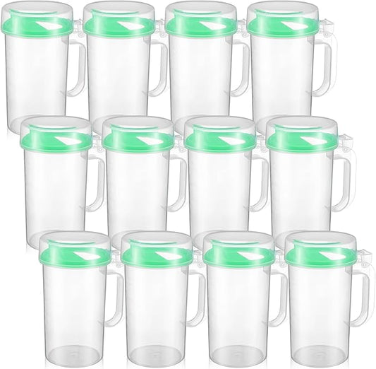 12 Pack Early Learning Kids Easy Pouring Mini Pitchers Clear Plastic Pitcher with Lid and Handle Easy Pour Bottles 16 Oz. Jugs with Lids for Classroom Nursery Home (Light Green)