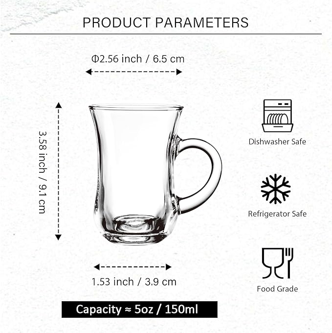 Turkish Tea Glasses With Handle - Tea Cups Set of 6 - Slim Waist Thick Sole Tea Glass for Hold Cold Drinks, 5 oz / 150ml