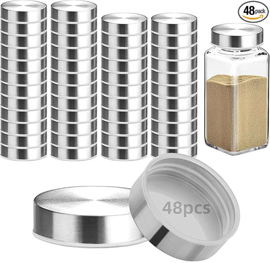 48Pcs 304 Stainless steel Jar Lids for 4 oz and 6 oz Square Spice Jars Reusable Can Airtight Spice Storage Canning Lids for Nice Sealing Kitchen (48)
