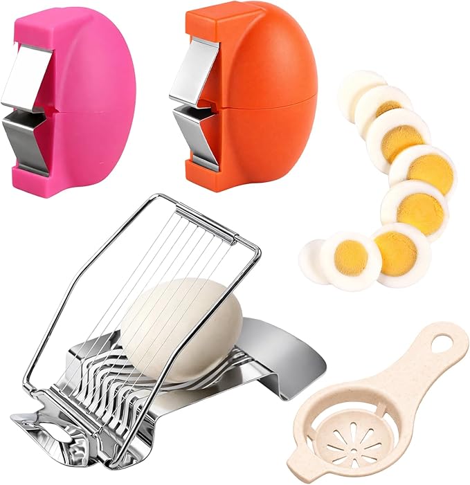 4-Piece Kitchen Tool Set with Plastic and Stainless Steel Openers, Egg Opener for Hard Boiled Eggs and Egg Shell Cutter, Easy Egg Peeling and Separating for Home Cooks and Baking Enthusiasts