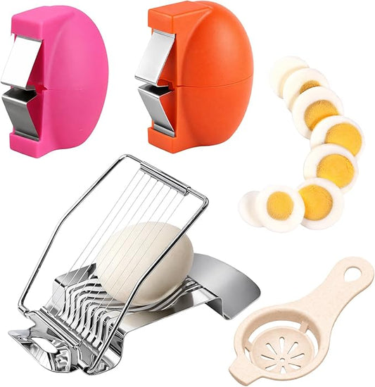 4-Piece Kitchen Tool Set with Plastic and Stainless Steel Openers, Egg Opener for Hard Boiled Eggs and Egg Shell Cutter, Easy Egg Peeling and Separating for Home Cooks and Baking Enthusiasts