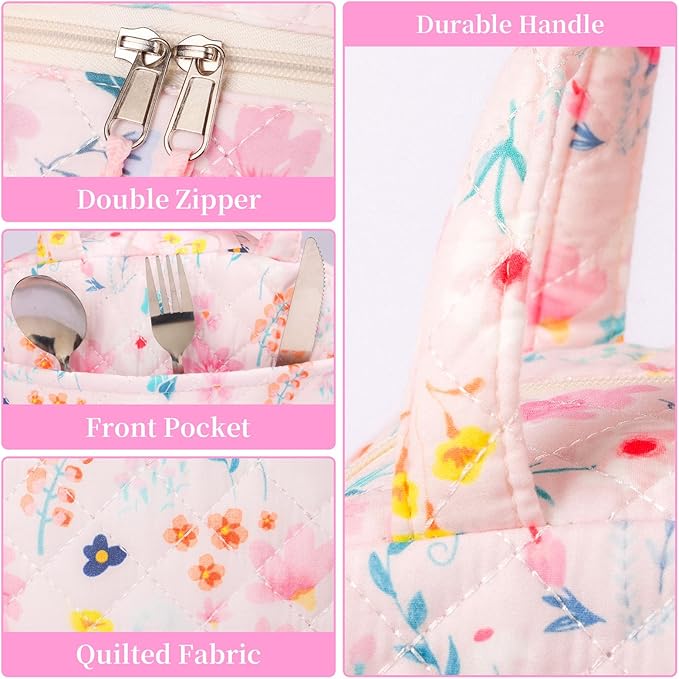 Quilted Lunch Box for Women,Coquette Aesthetic Lunch Box for Teen Girls,Cute Floral Lunch Bags for Work, School,Office,Picnic,Travel (Watercolor floral)