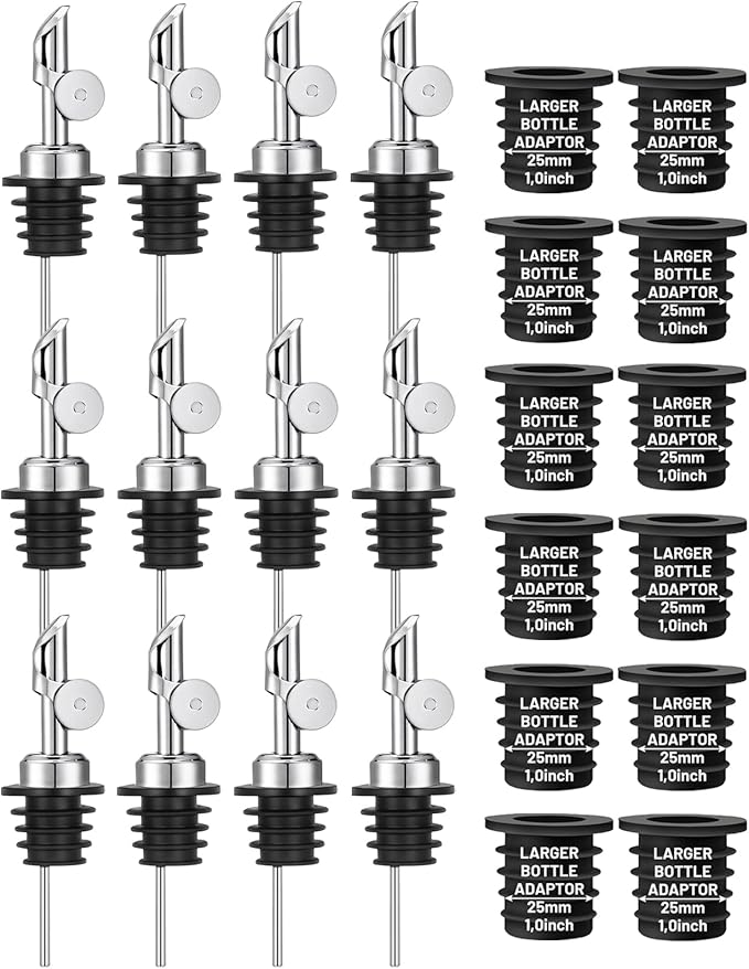 12 Pack Olive Oil Pour Spout with Adapters, Oil Pourer for Olive Oil Dispenser Bottle, Easily Turn Your Bottles into Dispensers for Liquor, Vinegar, Oils, Syrup, Liquor Bottle Pourers, Silver