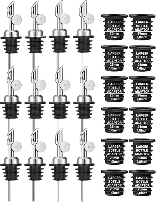 12 Pack Olive Oil Pour Spout with Adapters, Oil Pourer for Olive Oil Dispenser Bottle, Easily Turn Your Bottles into Dispensers for Liquor, Vinegar, Oils, Syrup, Liquor Bottle Pourers, Silver