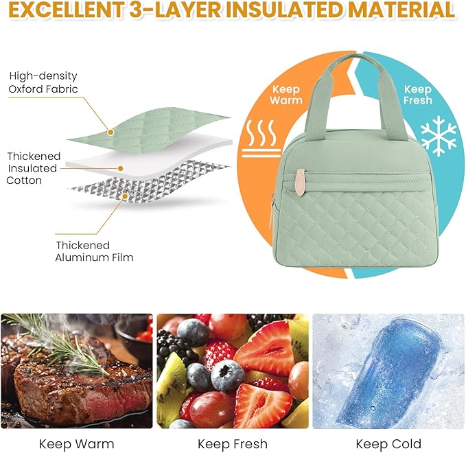 Insulated Lunch Bag for Women, Portable Lightweight Lunch Box for Adults, Reusable Small Lunch Tote Cooler Bags with Front Zipper Pocket for Work School Picnic(Green)
