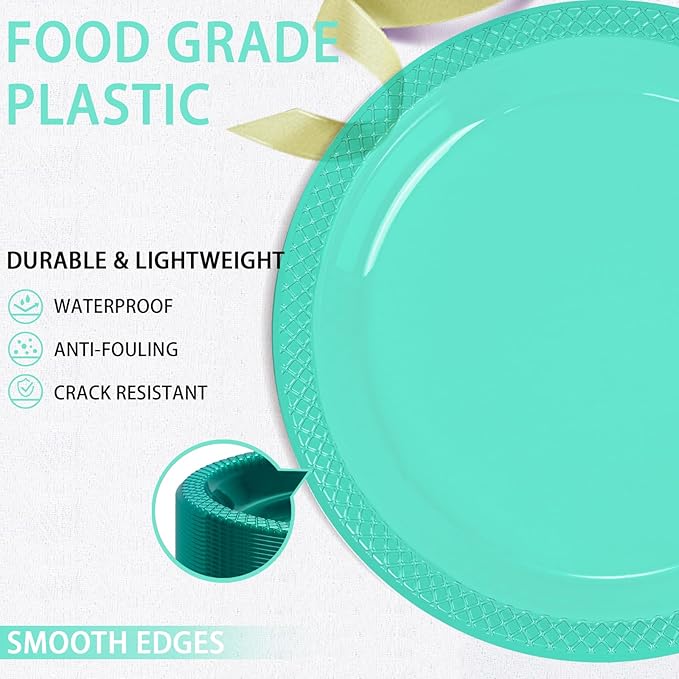 WELLIFE Teal Plastic Party Plates 7 Inch -150 Count, Translucent Green Disposable Dessert Neon Plates for Christmas Party St. Patrick's Day Easter Cake Salad Appetizers