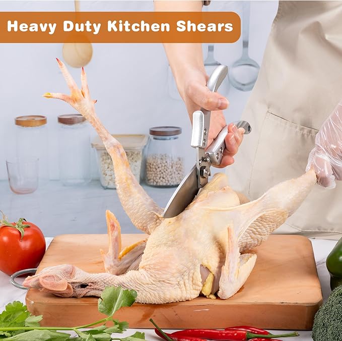 Kitchen Shears for food - Kitchen shears heavy duty Stainless Steel Poultry Shears for Meat Bones Seafood, All Purpose turkey shears, Detachable Blades, Ergonomic Handle, Dishwasher Safe Silver