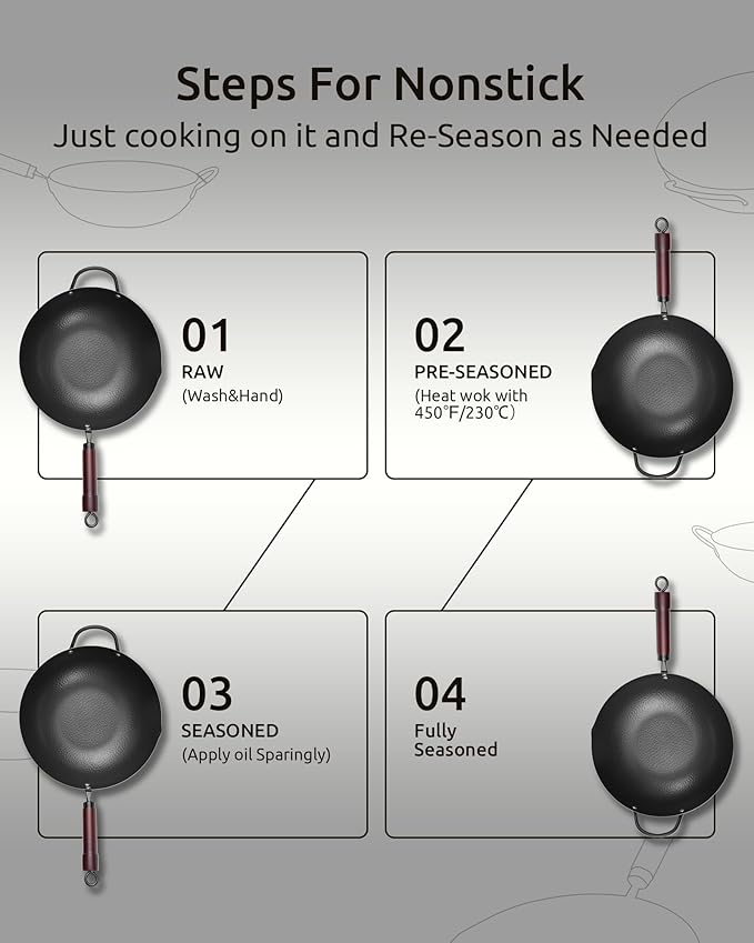 Wok Pan, Carbon Steel Wok, Woks & Stir-Fry Pans Nonstick, 13 Inch Wok Pan with Wooden Lid, Pre-Seasoned Carbon Steel Cookware, 5.8QT Flat Bottom Chinese Wok Paella Pan, Compatible with All Cooktops