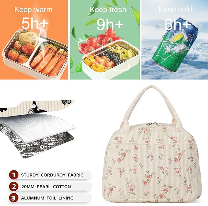 Bluboon Lunch Bag for Women Men Cute Corduroy Lunch Tote Bags Reusable Insulated Lunch Box Large Capacity Reusable Insulated Cooler for Work Picnic or Travel