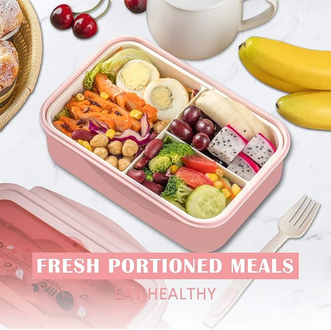 LOVINA Bento Boxes for Adults - 1100 ML Bento Lunch Box For Kids Childrens With Spoon & Fork - Durable for On-the-Go Meal, BPA-Free and Food-Safe Materials, Pink