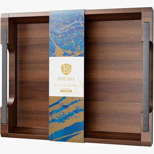 Acacia Wood Serving Tray with Metal Handles, 17x13in Food Drinks Tray for Coffee Table, Breakfast, Dinner & Bar, Rustic Decorative Storage Tray for Ottoman, Kitchen, Elegent Gift Packaging
